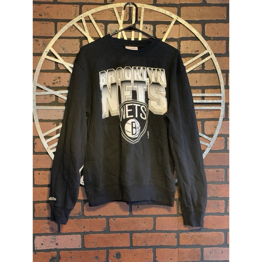 Men's Mitchell & Ness Brooklyn Nets Crew Neck Sweatshirt Black/White Size M